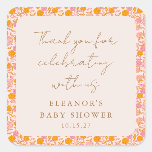 Boho Pink Orange Niedliche Babydusche Vielen Dank Quadratischer Aufkleber (Vorderseite)