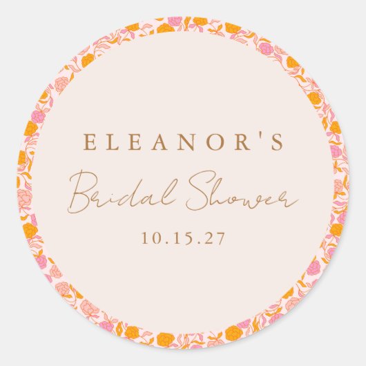 Boho Pink Orange Niedliches Brautparty Runder Aufkleber (Vorderseite)
