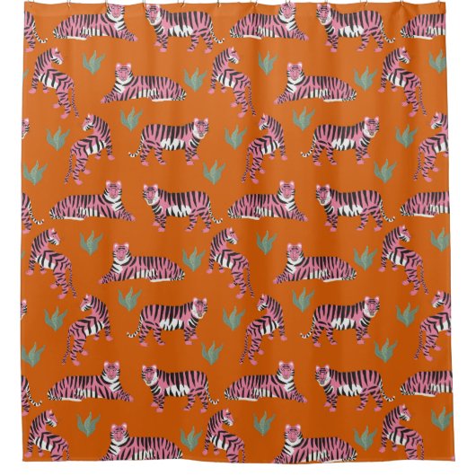 Boho Pink Orange Tiger Animal Pattern Duschvorhang (Vorderseite)