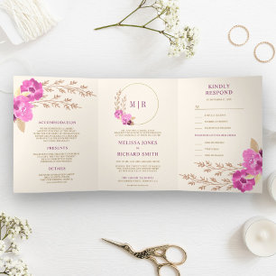 Boho Pink Orchid Floral Alles in einer Elfenbeinho Dreifach Gefaltete Einladung