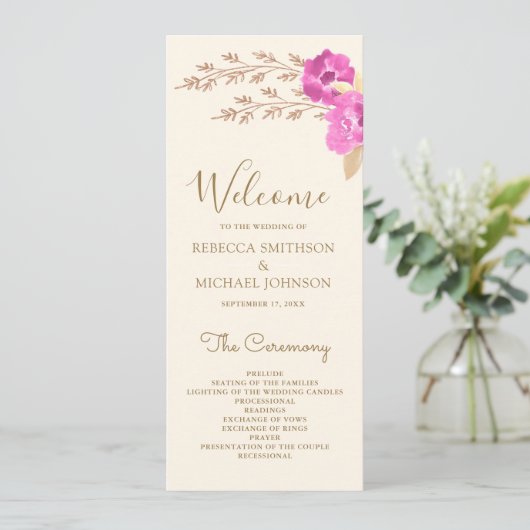Boho Pink Orchid Floral Ivory Wedding Programm (Stehend Vorderseite)