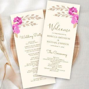 Boho Pink Orchid Floral Ivory Wedding Programm