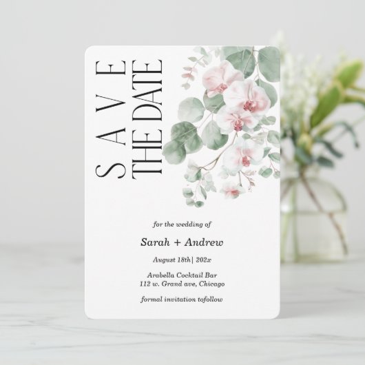 Boho Pink Orchid Save the Date Vorlage drucken (Stehend Vorderseite)