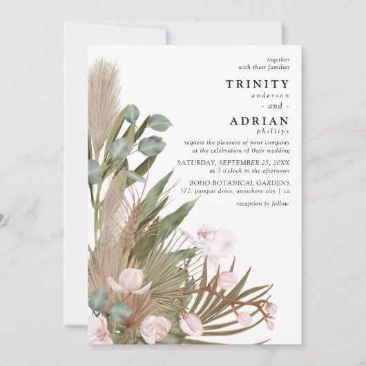 Boho Pink Orchids Getrocknete Blätter mit Pampas W Einladung (Vorderseite)