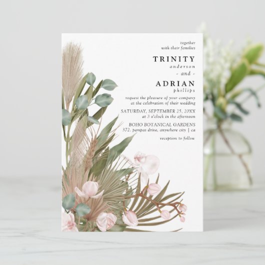 Boho Pink Orchids Getrocknete Blätter mit Pampas W Einladung (Stehend Vorderseite)