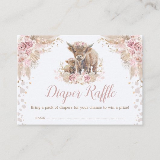 Boho Pink Pampas Floral Highland Kuh Diaper Raffel Begleitkarte (Vorderseite)