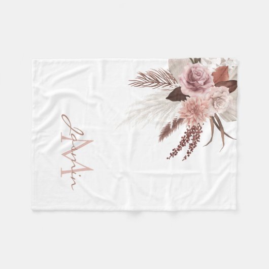 Boho Pink Pampas Grass Getrocknete Blume Monogramm Fleecedecke (Vorderseite (Horizontal))