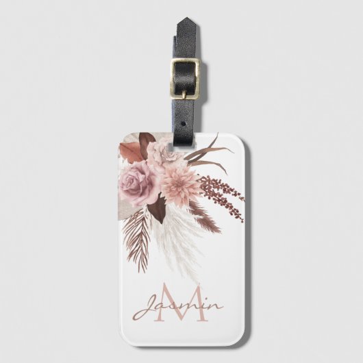 Boho Pink Pampas Grass Getrocknete Blume Monogramm Gepäckanhänger (Vorderseite Vertikal)