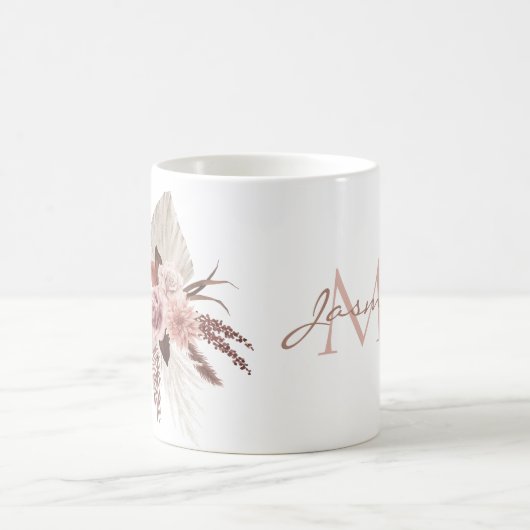 Boho Pink Pampas Grass Getrocknete Blume Monogramm Kaffeetasse (Mittel)