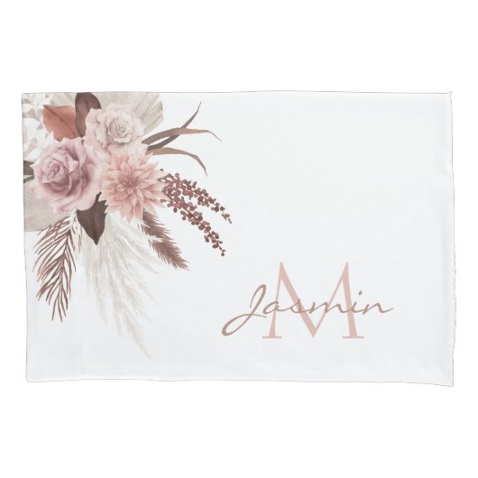 Boho Pink Pampas Grass Getrocknete Blume Monogramm Kissenbezug (Vorderseite)