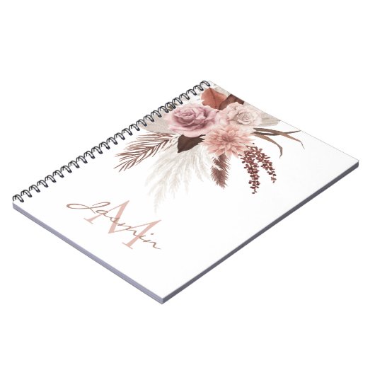 Boho Pink Pampas Grass Getrocknete Blume Monogramm Notizblock (Linke Seite)
