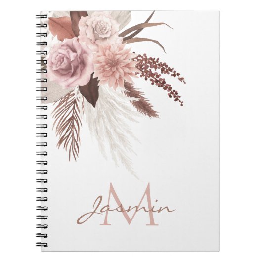 Boho Pink Pampas Grass Getrocknete Blume Monogramm Notizblock (Vorderseite)