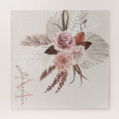 Boho Pink Pampas Grass Getrocknete Blume Monogramm Puzzle (Horizontal)