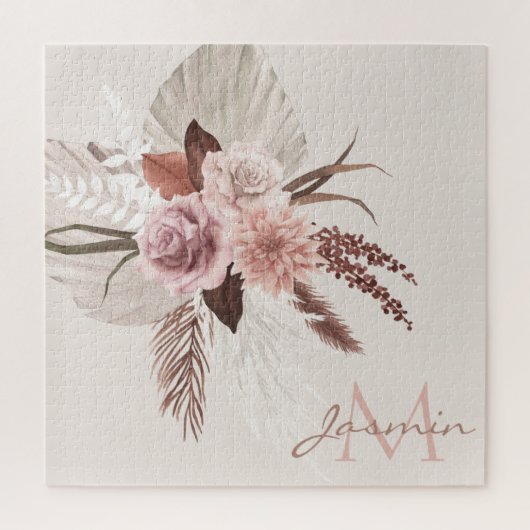 Boho Pink Pampas Grass Getrocknete Blume Monogramm Puzzle (Vertikal)