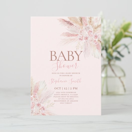 Boho Pink Pampas Kinderdusche Einladung (Stehend Vorderseite)