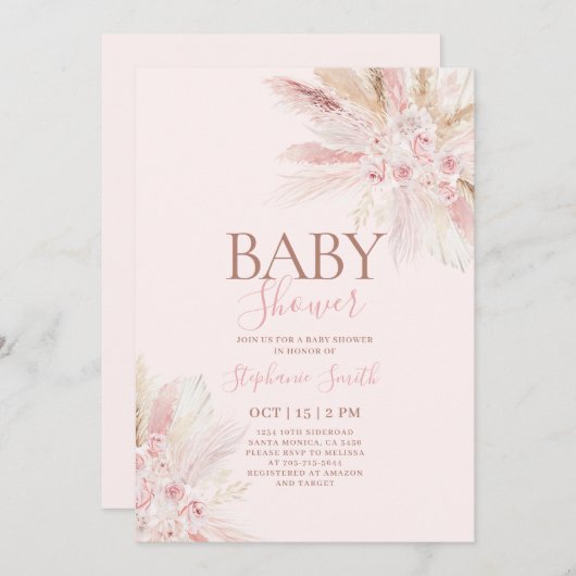 Boho Pink Pampas Kinderdusche Einladung (Vorne/Hinten)