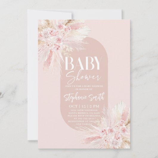 Boho Pink Pampas Kinderdusche Einladung (Vorderseite)