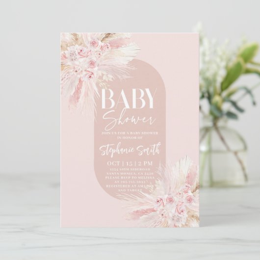 Boho Pink Pampas Kinderdusche Einladung (Stehend Vorderseite)