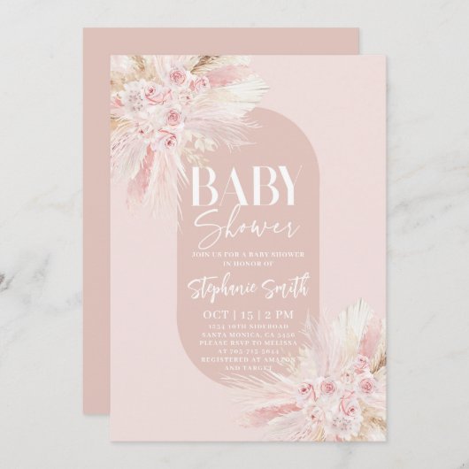 Boho Pink Pampas Kinderdusche Einladung (Vorne/Hinten)