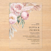 Boho Pink Peonies & Pampas Grass Floral Wedding Acryleinladungen (Vorderseite)