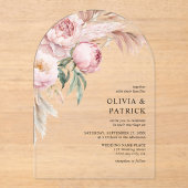 Boho Pink Peonies & Pampas Grass Floral Wedding Acryleinladungen (Vorderseite)