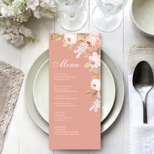 Boho Pink Peonies Wedding Menu Card Menükarte