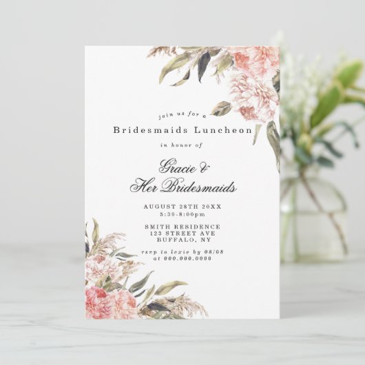 Boho Pink Peony Bridesmaids Luncheon Invites (Stehend Vorderseite)