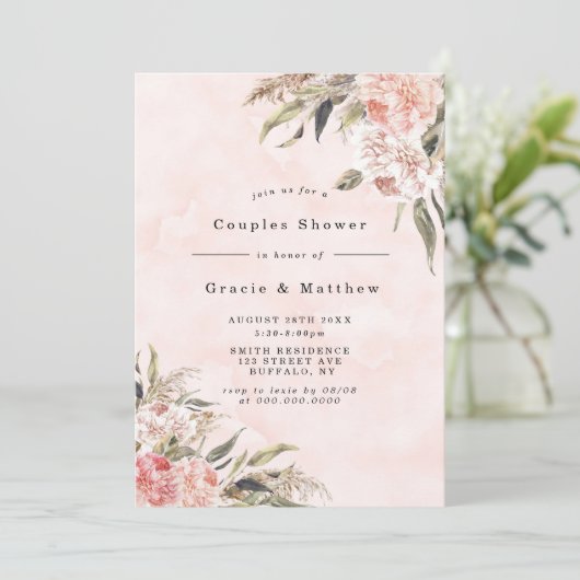 Boho Pink Peony Couples Dusche Einladungen (Stehend Vorderseite)