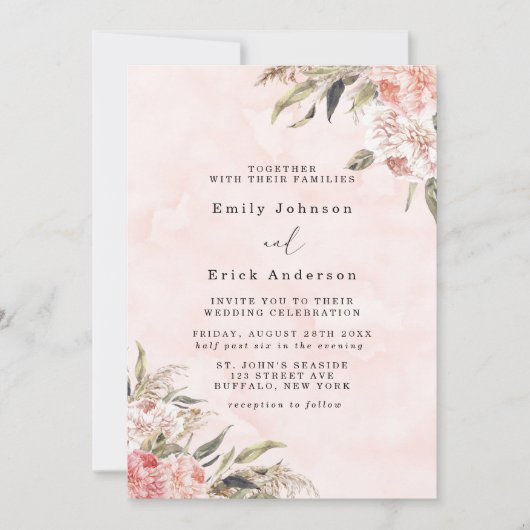 Boho Pink Peony Pampas Grass Wedding Einladung (Vorderseite)