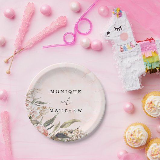 Boho Pink Peony Pampas Grass Wedding Pappteller (Party)