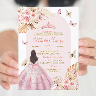 Boho Pink Princess Floral Mexican Quinceañera Einladung