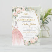 Boho Pink Prinzessin Kleid rot Blume Quinceanera Einladung (Stehend Vorderseite)