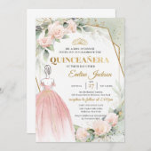 Boho Pink Prinzessin Kleid rot Blume Quinceanera Einladung (Vorne/Hinten)