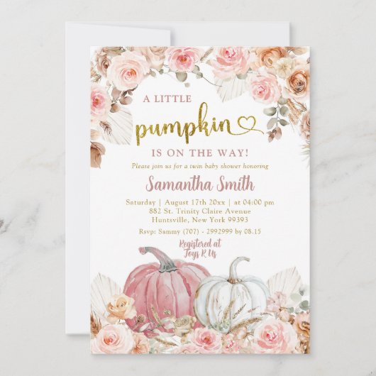 Boho Pink Pumpkin Fall Girl Babydusche Einladung (Vorderseite)