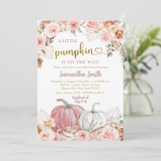 Boho Pink Pumpkin Fall Girl Babydusche Einladung (Stehend Vorderseite)