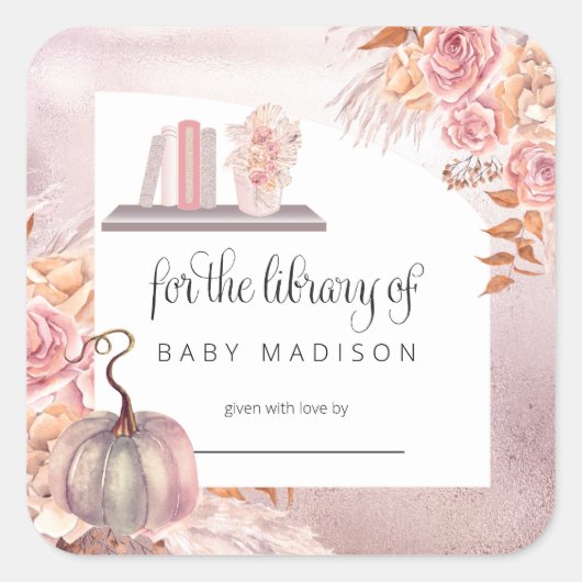 Boho Pink Pumpkin | Pampas Grass Baby Buchzeichen Quadratischer Aufkleber (Vorderseite)