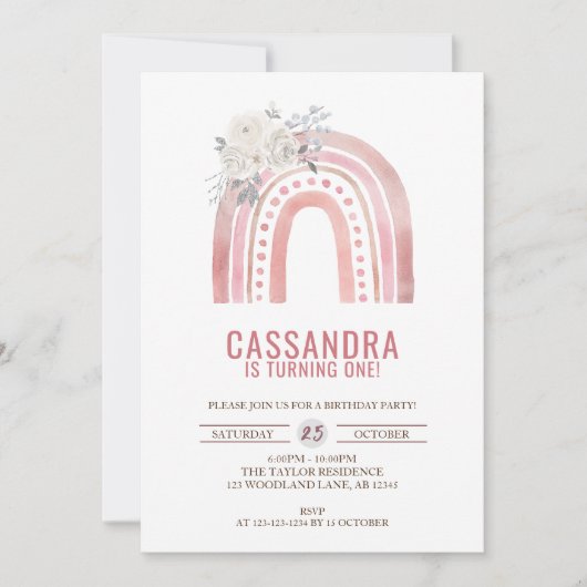 Boho Pink Rainbow Geburtstag, Rose 1. Geburtstag Einladung (Vorderseite)