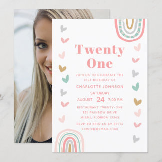Boho Pink Rainbow Modern 21. Geburtstag Party Einladung