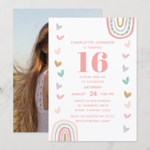 Boho Pink Rainbow Moderne 16. Geburtstagsparty Einladung