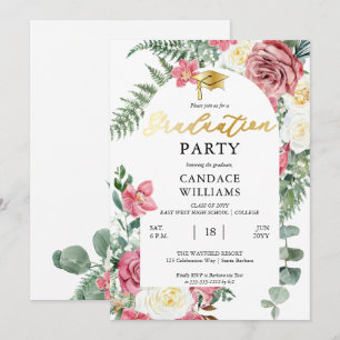 Boho Pink Roses   Orchids Floral Graduation Party Einladung