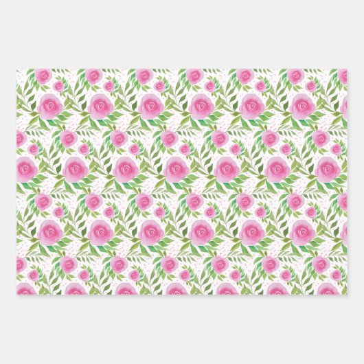 Boho Pink Roses Wasserfarbe Handgestrichen Geschenkpapier Set (Vorderseite)