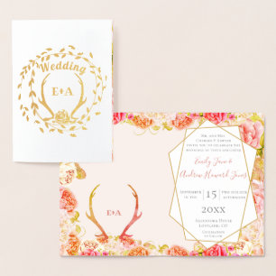 Boho Pink Schimmer Rosen Gold Geweih Hochzeit Echt Folienkarte