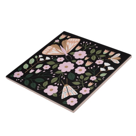 Boho pink schwarz gürtelschwarz-blütenbläserne Sch Fliese (Seite)