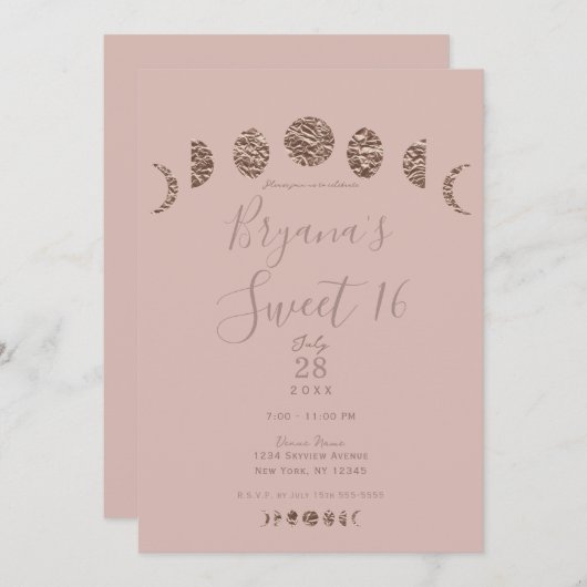 Boho Pink Shine Moon Phases Modern Sweet 16 Party Einladung (Vorne/Hinten)