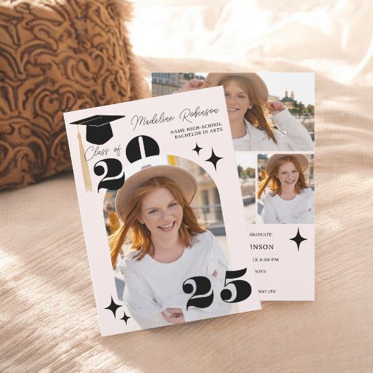 Boho Pink Stars Moderner 4-Foto-Abschluss Einladung