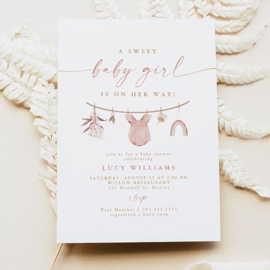 Boho Pink Sweet Baby Girl Clothesline Babydusche Einladung