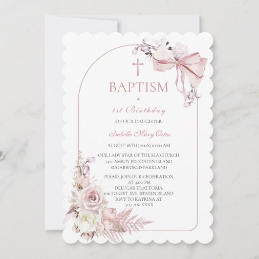 Boho Pink Taufe Mädchen Einladung Vorlage (Vorderseite)