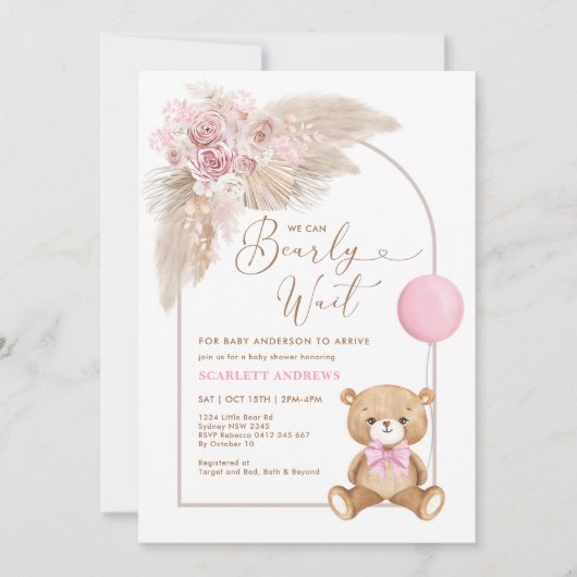 Boho Pink Teddy Bear Balloon Pampas Baby Girl Einladung (Vorderseite)