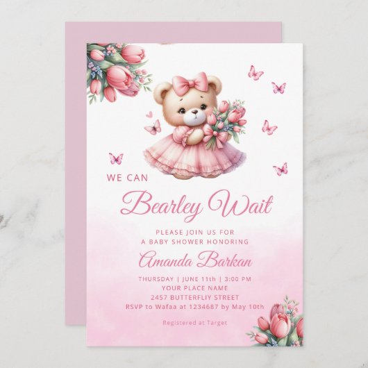 Boho Pink Teddy Bear Girl Babydusche Einladung (Vorne/Hinten)