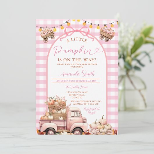 Boho Pink Truck Pumpkin ist auf dem Weg Baby Dusch Einladung (Stehend Vorderseite)